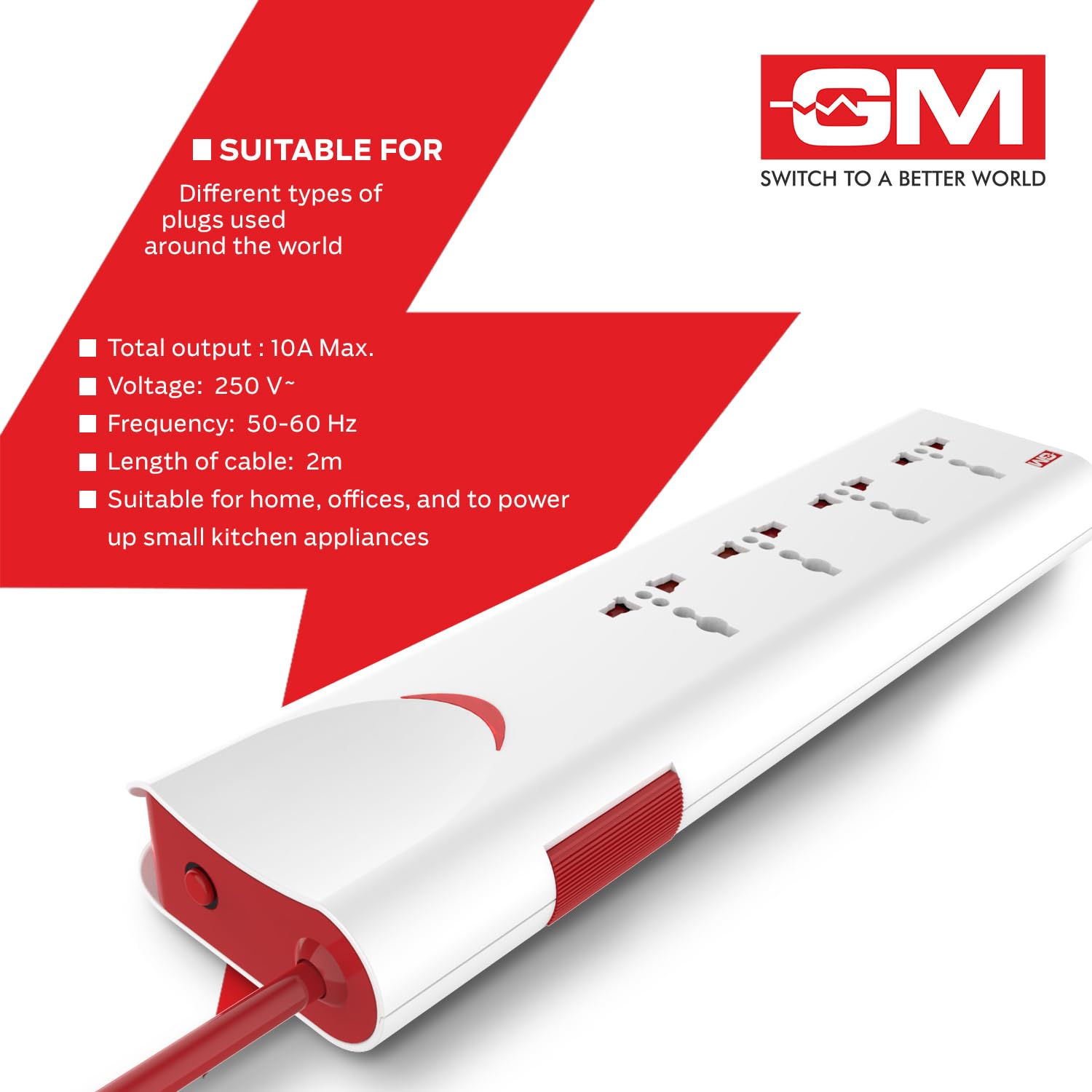 GM 3060 Extension Board 10Amp Output 250 Volts with 2 Mtr Extension Cord & Surge Protector | Master Switch, Safety Shutter, 4 International Sockets | Multi Plug Travel Adapter for Home Appliances