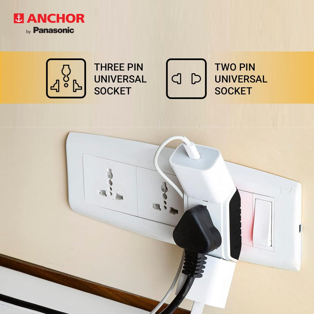 Anchor by Panasonic 6A 3 Pin Multiplug Travel Adapter with Universal Socket | 3 Pin Multi Plug Universal Socket (White)