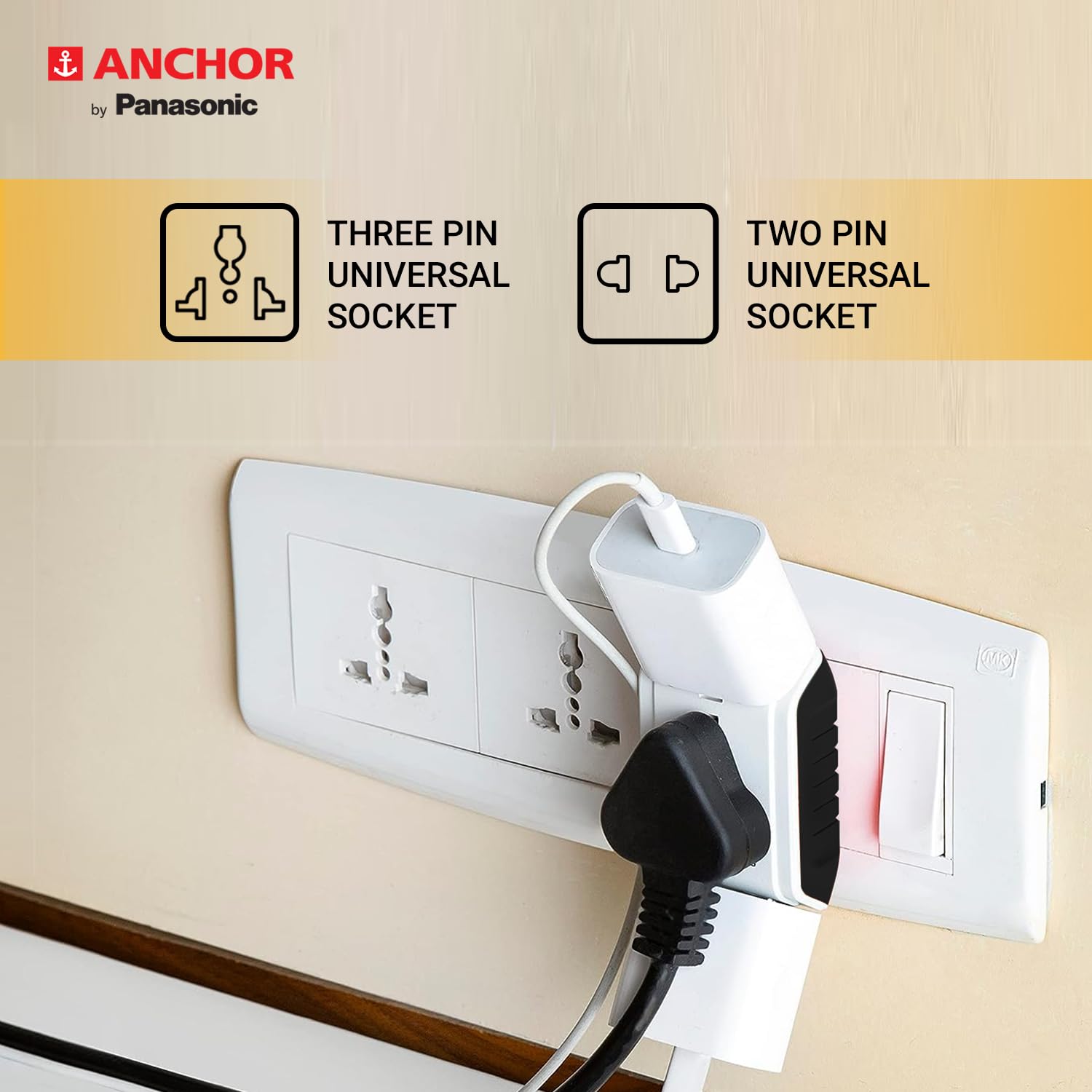 Anchor by Panasonic 6A 3 Pin Multiplug Travel Adapter with Universal Socket | 3 Pin Multi Plug Universal Socket (White)