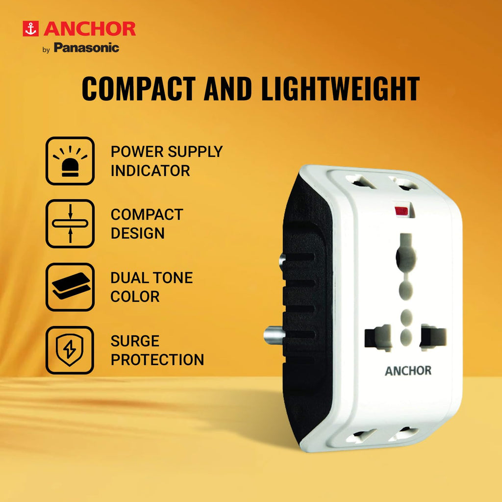 Anchor by Panasonic 6A 3 Pin Multiplug Travel Adapter with Universal Socket | 3 Pin Multi Plug Universal Socket (White)
