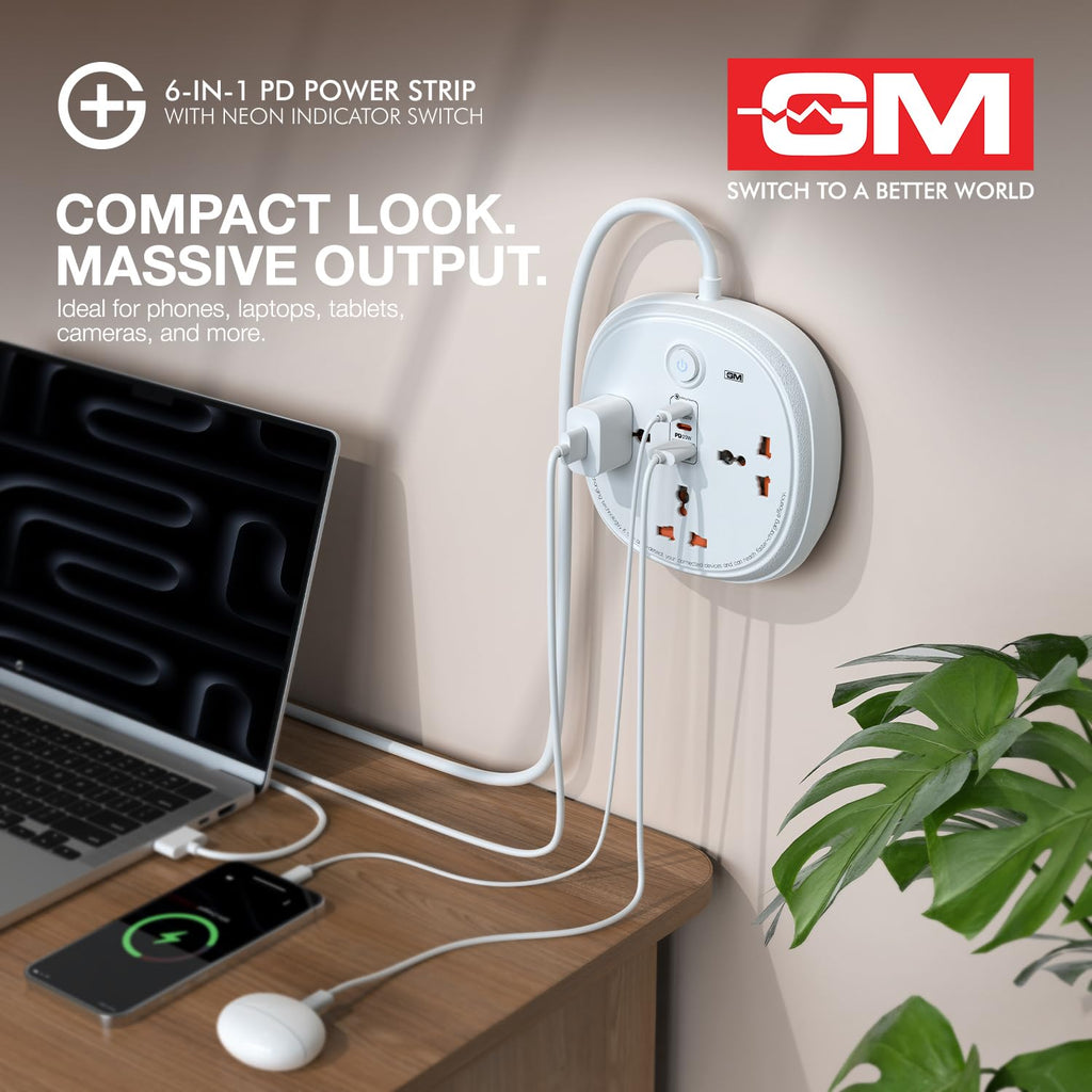 GM 3060 Extension Board 10Amp Output 250 Volts with 2 Mtr Extension Cord & Surge Protector | Master Switch, Safety Shutter, 4 International Sockets | Multi Plug Travel Adapter for Home Appliances