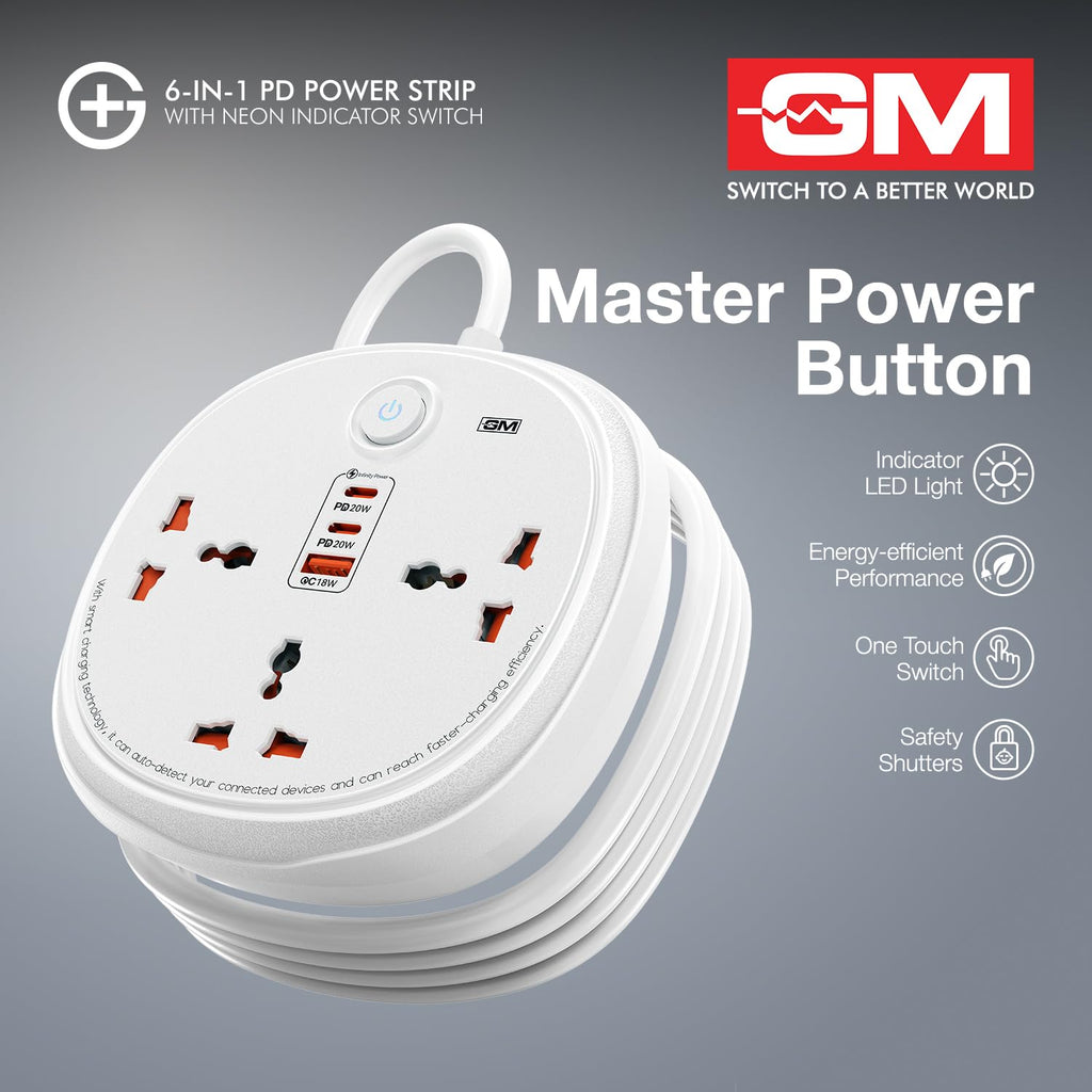 GM 3060 Extension Board 10Amp Output 250 Volts with 2 Mtr Extension Cord & Surge Protector | Master Switch, Safety Shutter, 4 International Sockets | Multi Plug Travel Adapter for Home Appliances